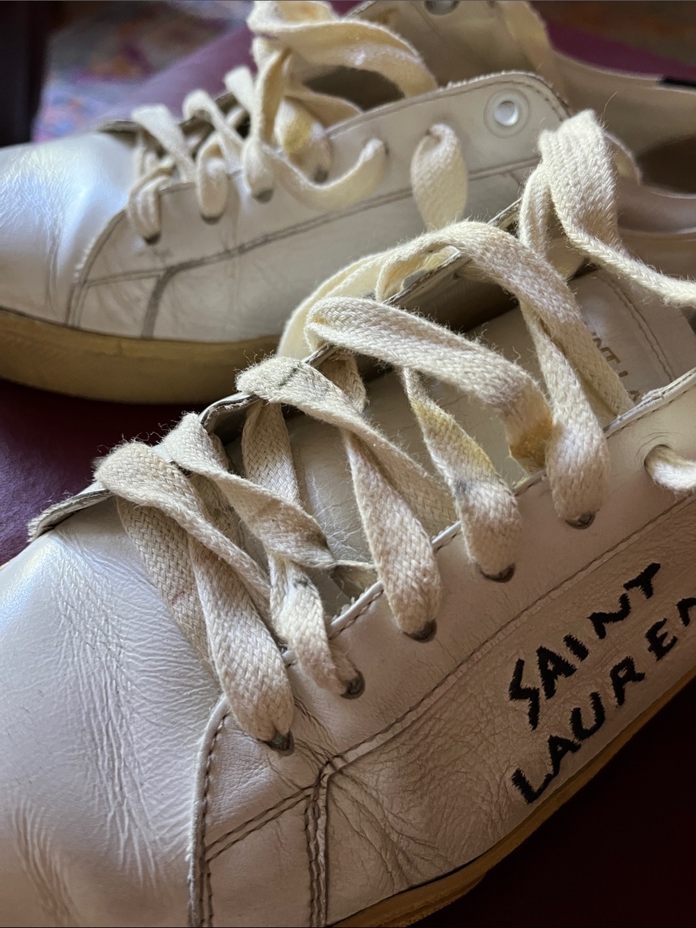 Saint Laurent White Leather Sneakers with Black Heel Tab and Tan Sole, size 9 - Picture 9 of 13